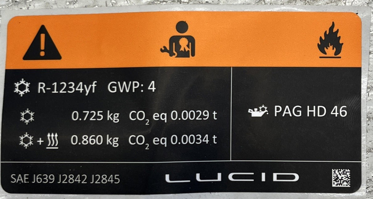 Lucid Air A/C Refrigerant Fluid System Specification Warning Label NEW! OEM
